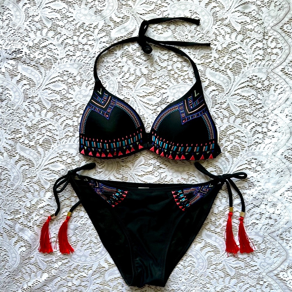 Smart & Sexy Black and Red Bikini with Tassel Details
